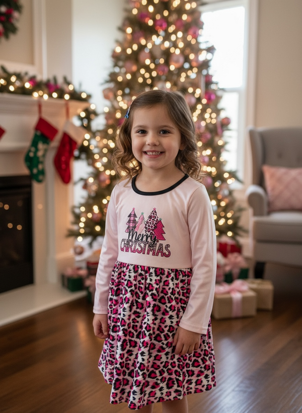 Girls Pink Christmas Diva Twirl Dress with Matching Bow
